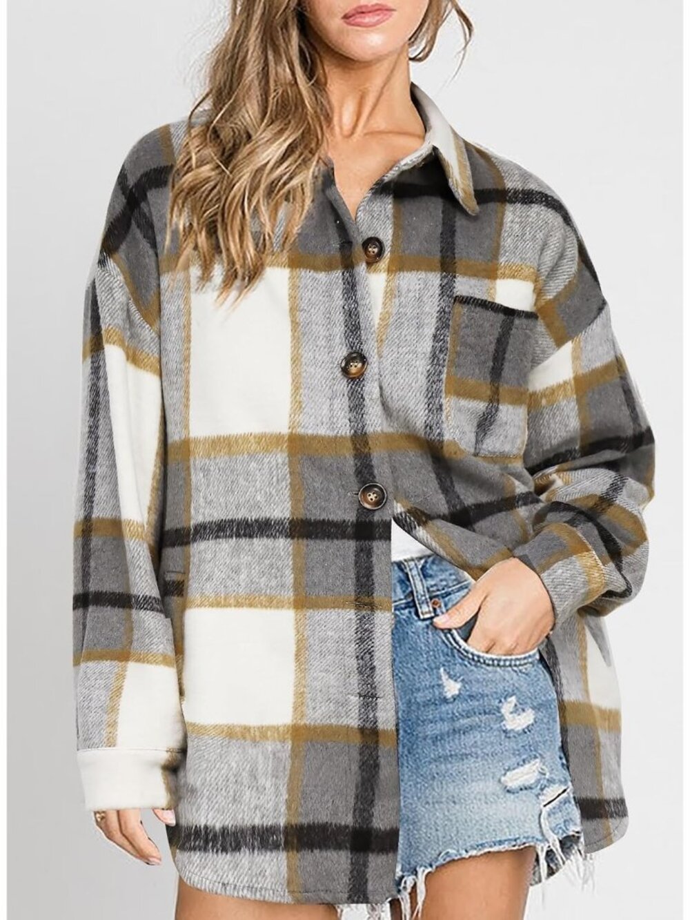 Womens Grey-Khaki Fall Plaid Long Sleeve Bust Pocket Button Down Flannel Shacket - Picture 3 of 5